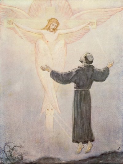 Sankt Frans modtager sine stigmata (farvelitografi) af German School