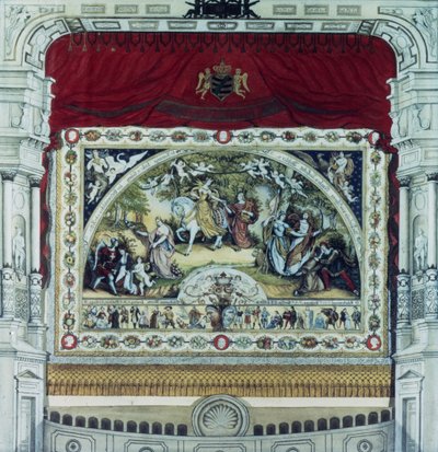 Scene- og dekorativt gardin i Dresden-teatret (pen, blæk & wc på papir) af German School