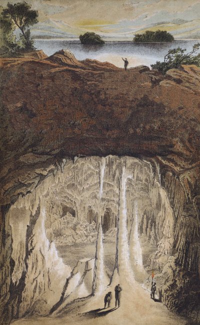 Drypsten og stalagmitter i en hule (farve litho) af German School