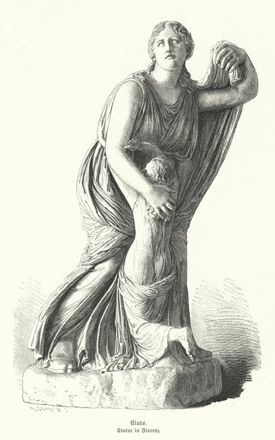 Statue af Niobe beskytter et af hendes børn mod Artemis og Apollo (gravering) af German School
