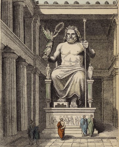 Statue af Zeus i det antikke græske tempel ved Olympia (farvet indgravering) af German School