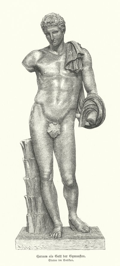 Statue af den antikke græske gud Hermes som gymnasternes gud (gravering) af German School