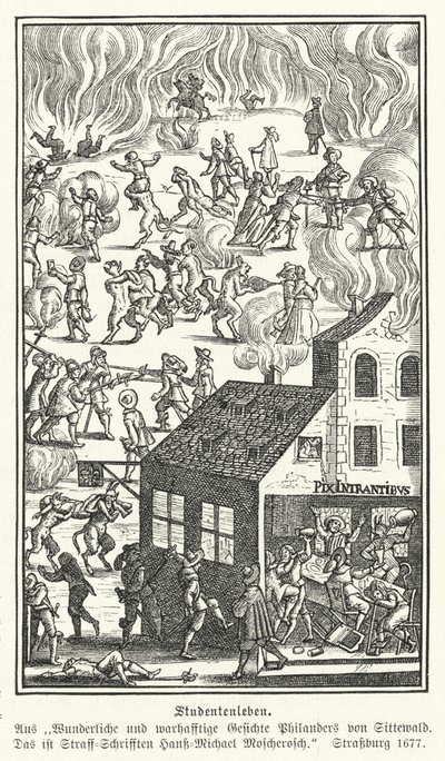 Studenterliv: scene fra Blicke Philanders von Sittewald, af Johann Michael Moscherosch (gravering) af German School