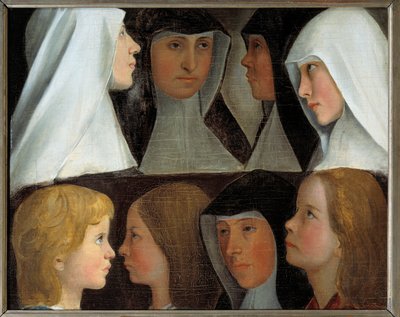 Studier af postulante og nybegyndere nonner af Sankt Benedikts orden Maleri af den tyske skole fra det 19. århundrede Roanne, museum Joseph Dechelette - Studier af religiøse postulanter og novicer af Sankt Benedikts orden. Maleri af den tyske skole af German School