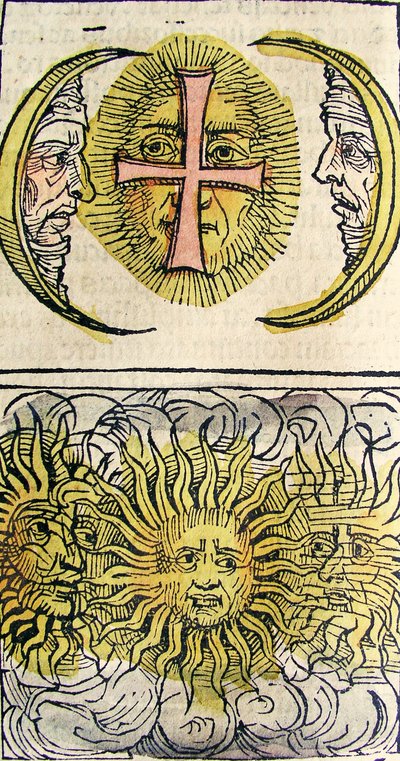 Sun Dogs and Moon Dogs, offentliggjort i Nürnberg Chronicle, 1493 af German School