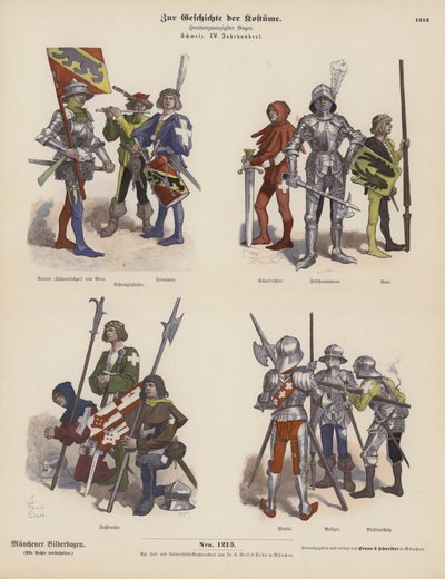 Schweiziske militærkostumer fra det 15. århundrede (farvegravering) af German School