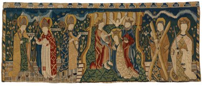 Tapestry antependium, der forestiller Jomfruens kroning mellem tre hellige biskopper og to helgener, fra Mellemtyskland af German School