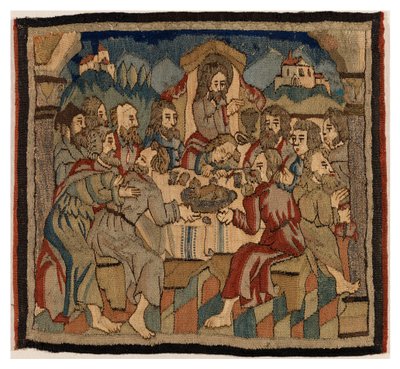 Tapestry panel med scener fra passionen fra et antependium, fra Oberrheinland (uld og hør) af German School