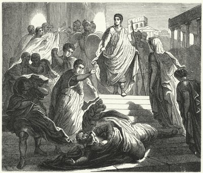 Tarquinius Superbus myrder sin svigerfar, Servius Tullus, for at gøre krav på den romerske trone (gravering) af German School