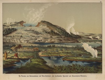 Te Tarata (White Terrace), geotermiske silica-sinteraflejringer på bredden af søen Rotomahana, New Zealand (farve litho) af German School