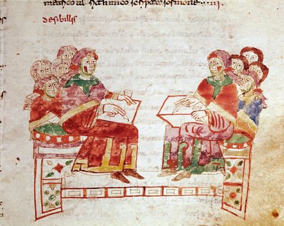 Undervisningsscene i en miniatureskole taget fra bindet ""de Gymnasium"" i ""De Universo"" (eller De rerum naturis (De la Nature des choses)) (cod. 132) af Rabanus Maurus Magnentius (eller Raban Maur eller Rabano Mauro) (ca. 780-856). 9. århundrede Arkiv a af German School