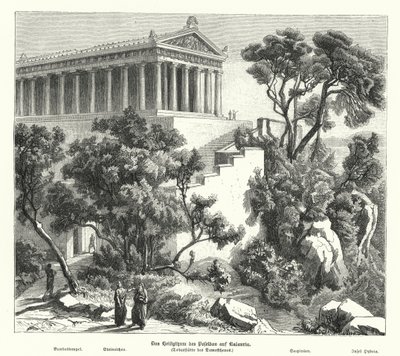 Poseidon-templet, Kalaureia, Grækenland, hvor Demosthenes indtog helligdommen, før han tog gift i 322 f.Kr. (gravering) af German School