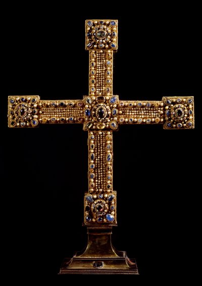Imperiets kors (Reichskreuz) lavet af guld, sten og perler af tysk fremstilling. Debut 11. århundrede Dim. 71x77 cm Wien, Kunsthistorisches Museum - The Cross of the Holy Roman Empire (Reichskreuz) belagt med bladguld og dekoreret med g af German School