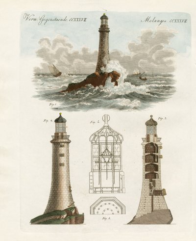The Eddystone Lighthouse (farvet gravering) af German School