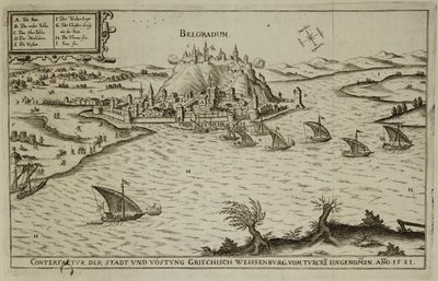 Beograds fald til tyrkerne i 1521, illustration fra en bog om de osmanniske felttog i Europa, indgraveret af Paul Furst (ca. 1605-66) af German School