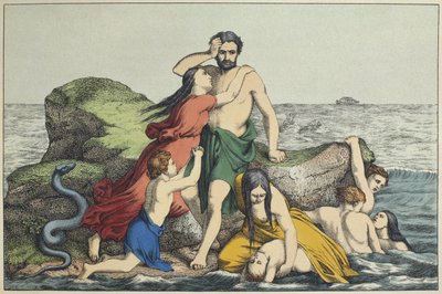 Syndfloden, illustration fra LAncien Testamente, udgivet af Jakob Ferdinand Schreiber, Esslingen (farvestik) af German School
