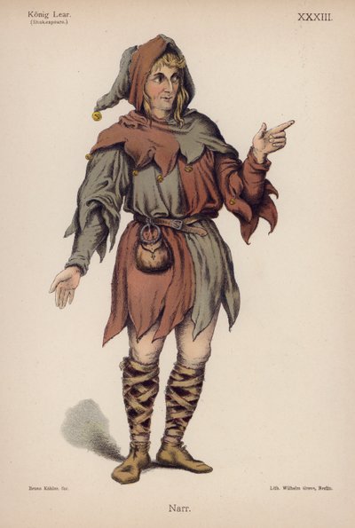 The Fool, fra Shakespeares King Lear (farve litho) af German School
