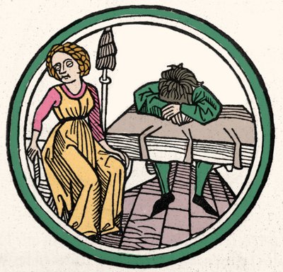 De fire temperamenter: Melankolsk (trist og deprimeret) Xylografi, Augsburg 1480 af German School