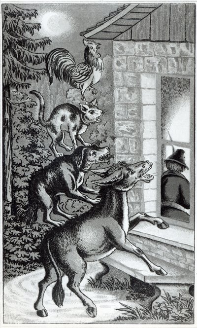 De fire dyr, der råber mod vinduet, illustration til The Musicians of Bremen Town, fortælling af brødrene Grimm af German School