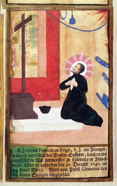 Der französische Jesuitenpater Jean François Regis kniet vor einem Kruzifix, aus dem Martyrologium der Jesuiten, 1688 von German School