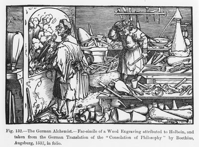Den tyske alkymist, fra Consolation of Philosophy af Boethius, illustration fra Videnskab og litteratur i middelalderen og renæssancen, skrevet og indgraveret af Paul Lacroix, 1878 (f. af German School