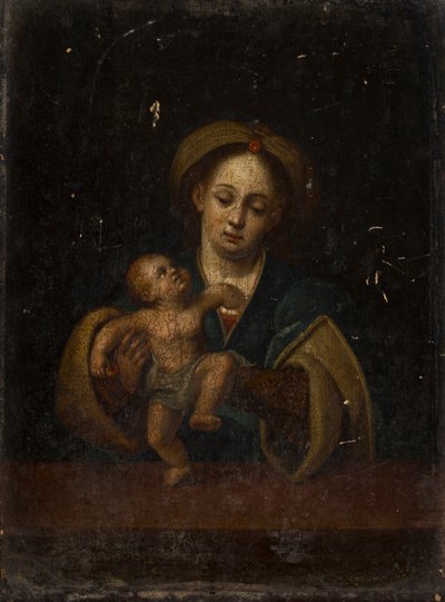 Madonnaen og barnet (olie på egetræspanel) af German School