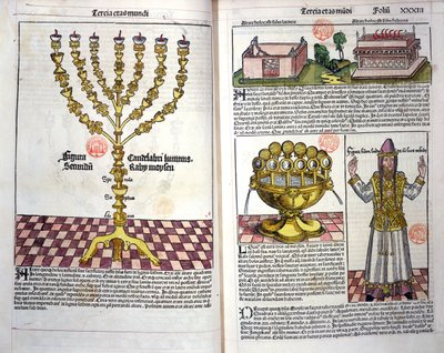 Menoraen og en hebraisk præst, fra Nürnberg-krøniken af Hartmann Schedel (1440-1514) 1493 (farvetræsnit) af German School