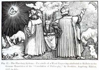 The Planetary Systems, fra The Consolation of Philosophy af Boethius, udgivet i 1537, illustration fra Science and Literature in The Middle Ages and Renaissance, skrevet og indgraveret af Paul Lacr af German School