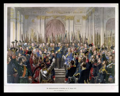 Proklamationen af Wilhelm som kejser af det nye tyske rige i spejlsalen i Versailles den 18. januar 1871, 1871 (farvestik) af German School