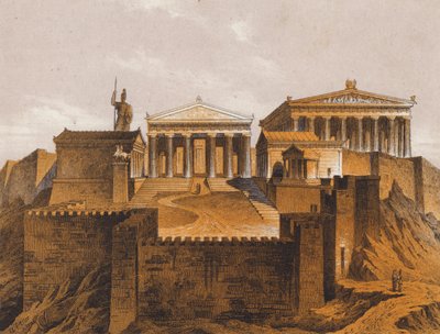 Propylæerne, det gamle Athen, Grækenland (farvelitografi) af German School