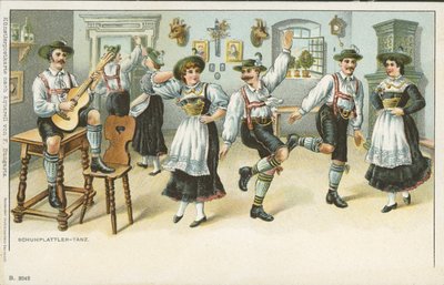 Schuhplattler-dansen (farve litho) af German School