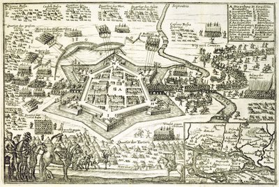 Tyrkernes belejring af Neuhausel i 1663, illustration fra en bog om de osmanniske felttog i Europa, indgraveret af Paul Furst (ca. 1605-66) af German School