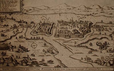 Belejringen af Zolnock af tyrkerne i 1552, illustration fra en bog om de osmanniske felttog i Europa, indgraveret af Paul Furst (ca. 1605-66) (stik) af German School