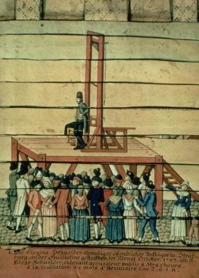 Terroren - Jean Georges Schneider (1756-94) og guillotinen (akvarel på papir) af German School