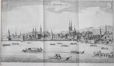 Byen Zürich, Schweiz, fra bind II af Itinera Alpina af Johann Jacob Scheuchzeri, udgivet 1706 af German School