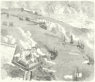 Unionens flåde angriber Fort Jackson og Fort St Philip, Louisiana, amerikansk borgerkrig, 1862 af German School