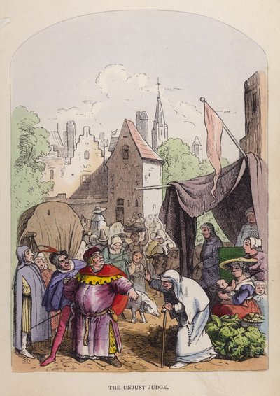 Den uretfærdige dommer (farve litho) af German School