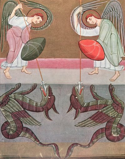 Englene, der ledsager St. Michael angriber dragerne, faksimile af Bamberg Apocalypse af German School