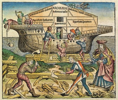 Bygningen af Noahs Ark, offentliggjort i Nürnberg Chronicle, 1493 af German School
