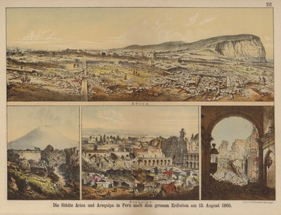 Byerne Arica og Arequipa i Peru efter det store jordskælv den 13. august 1868 (farve litho) af German School