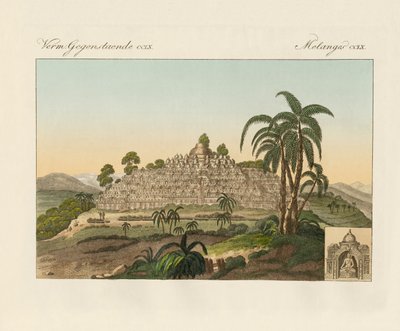 Buddha-templet af Borobudur i Java (farvet gravering) af German School