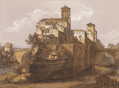 Tiberøen, Rom, Italien (farvelitografi) af German School
