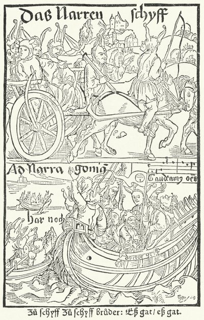Titelblad fra den første udgave af Sebastian Brants Fools Ship, trykt af Johann Bergmann von Olpe i Basel i 1491 (gravering) af German School