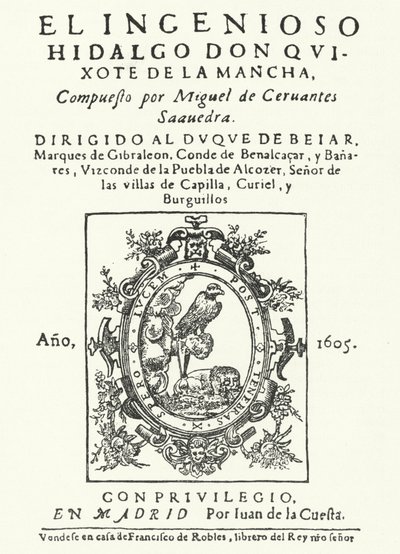 Titelside fra den første udgave af romanen Don Quixote, af Miguel de Cervantes (gravering) af German School