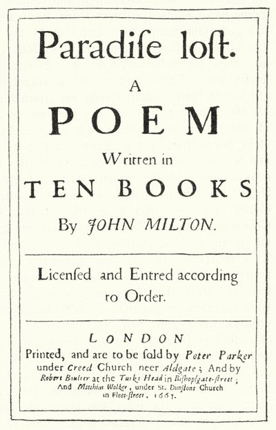 Titelside fra den originale udgave af Paradise Lost af den engelske digter John Milton, udgivet i 1667 (gravering) af German School