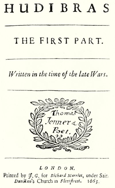 Titelside fra det satiriske digt Hudibras af den engelske digter Samuel Butler, udgivet i 1663 (gravering) af German School