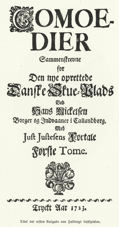 Titelblad til dansk-norsk dramatiker, filosof og historiker Ludvig Holbergs Komedier af German School