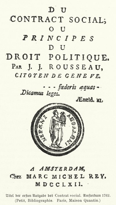 Titelside af den første udgave af Den sociale kontrakt, af Jean-Jacques Rousseau af German School