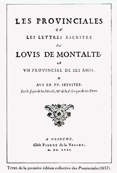 Titelblad for Les Provinciales af Blaise Pascal (1623-62), Amsterdam, 1657 (blæk på papir) af German School