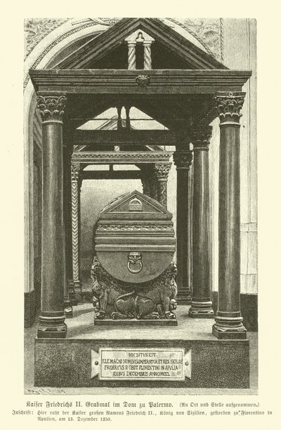 Graven af Frederik II, den hellige romerske kejser, i Palermo-katedralen, Sicilien (gravering) af German School
